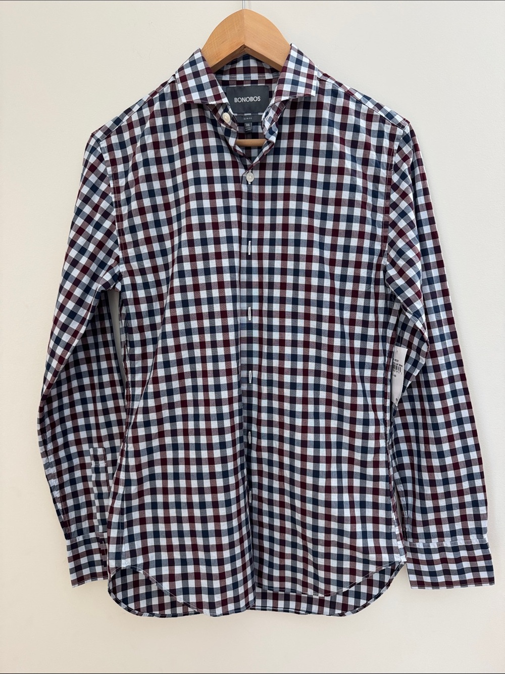 Bonobos Spring Lake Tattersall Slim Fit Shirt Men's XS NWT Navy Burgundy Check